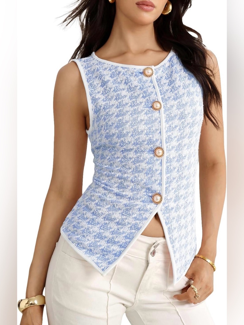 Women’s Blue Houndstooth Genuine Tweed Vest Top Button Up Split Hem Old Money